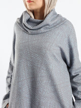 High Low Printed Sweater with asymmetrical hem, in navy pink, grey-black, or grey-blue for modest casual winter wear