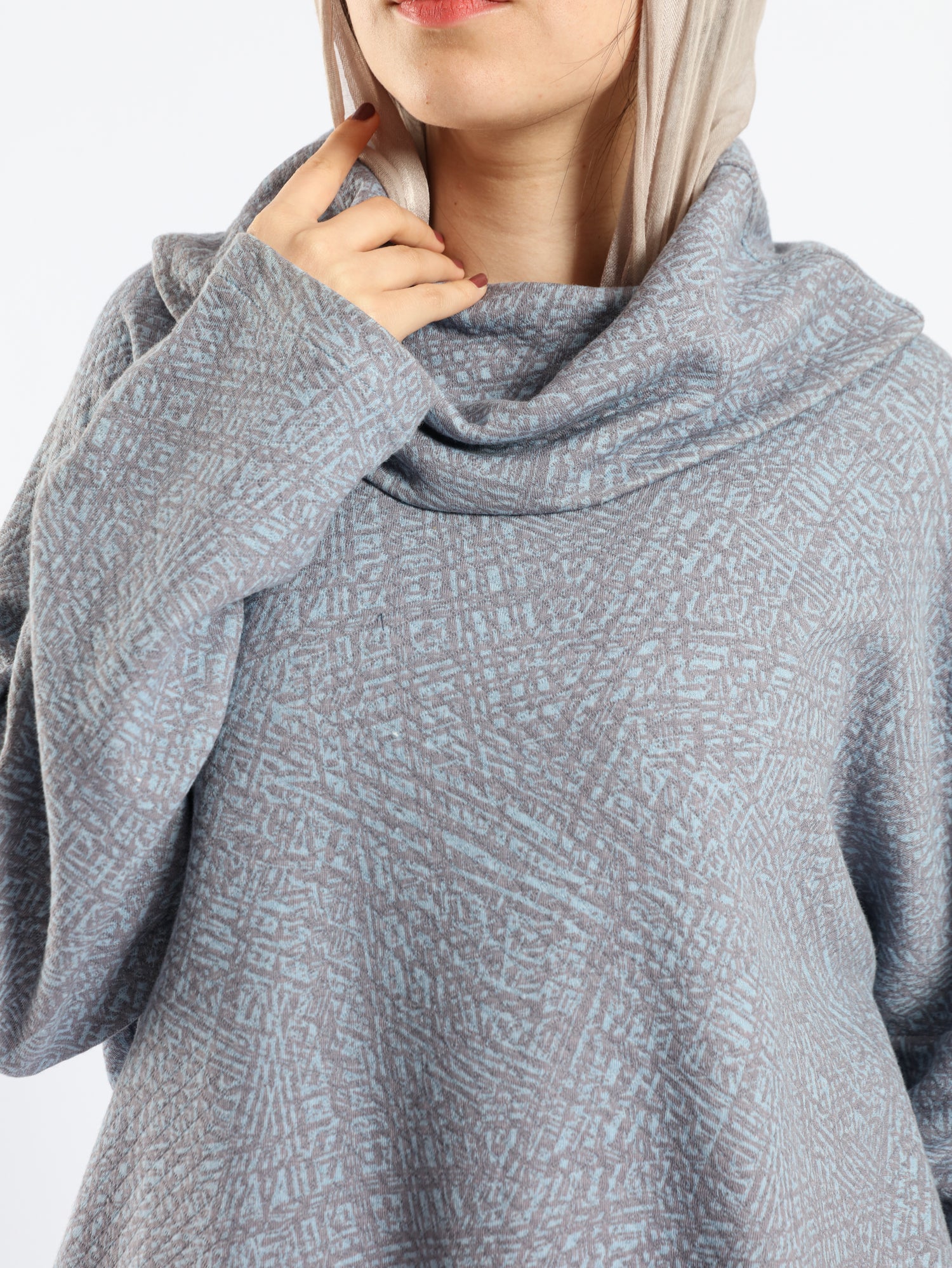 High Low Printed Sweater with asymmetrical hem, in navy pink, grey-black, or grey-blue for modest casual winter wear