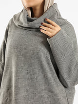 High Low Printed Sweater with asymmetrical hem, in navy pink, grey-black, or grey-blue for modest casual winter wear