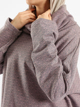 High Low Printed Sweater with asymmetrical hem, in navy pink, grey-black, or grey-blue for modest casual winter wear