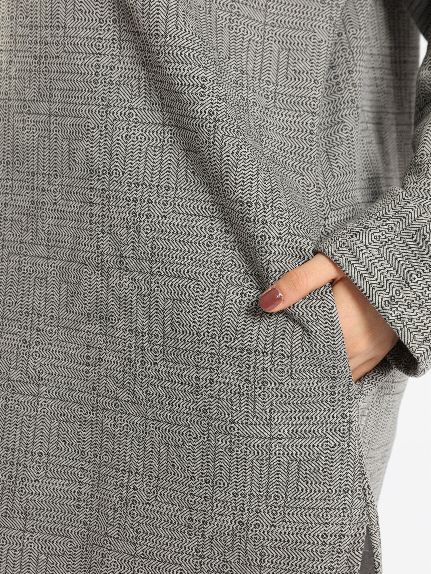 High Low Printed Sweater with asymmetrical hem, in navy pink, grey-black, or grey-blue for modest casual winter wear