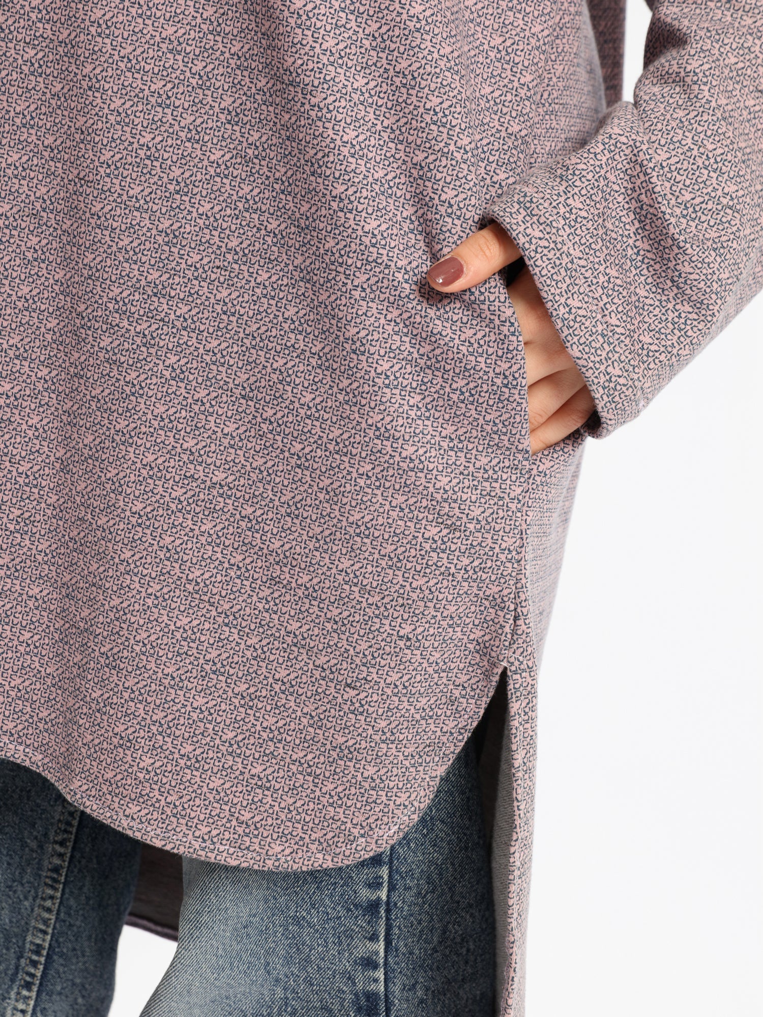 High Low Printed Sweater with asymmetrical hem, in navy pink, grey-black, or grey-blue for modest casual winter wear