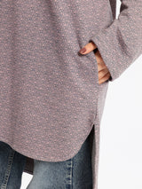 High Low Printed Sweater with asymmetrical hem, in navy pink, grey-black, or grey-blue for modest casual winter wear