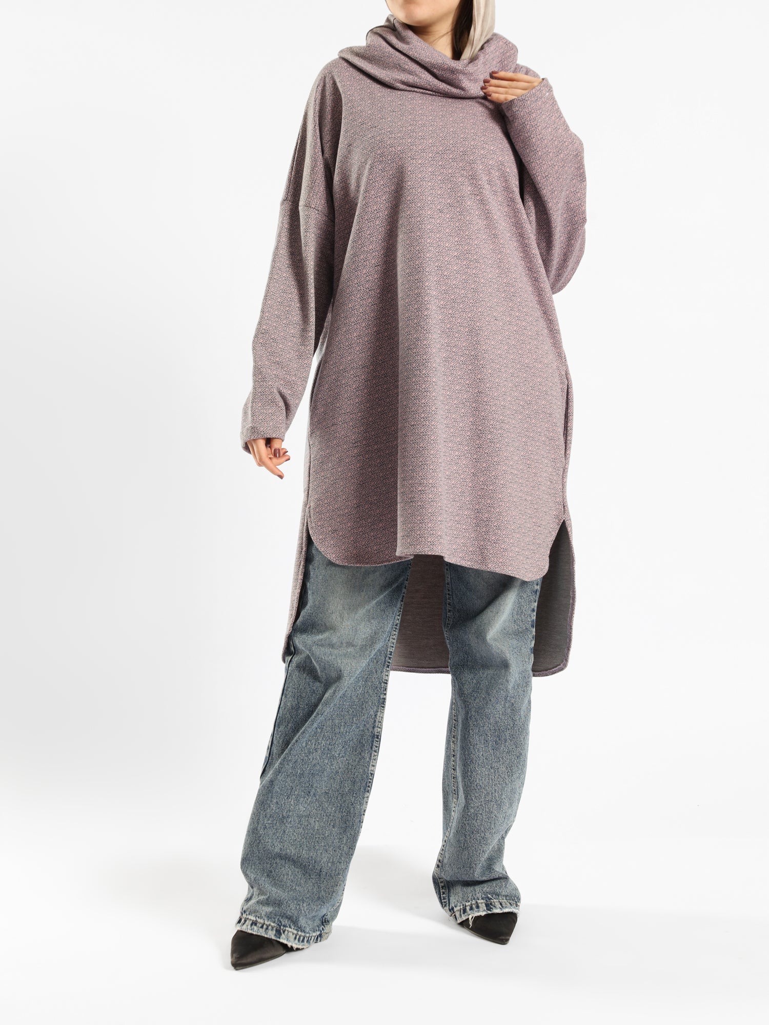 High Low Printed Sweater with asymmetrical hem, in navy pink, grey-black, or grey-blue for modest casual winter wear