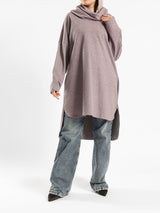 High Low Printed Sweater with asymmetrical hem, in navy pink, grey-black, or grey-blue for modest casual winter wear