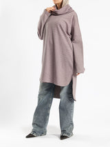 High Low Printed Sweater with asymmetrical hem, in navy pink, grey-black, or grey-blue for modest casual winter wear
