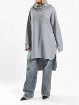 High Low Printed Sweater with asymmetrical hem, in navy pink, grey-black, or grey-blue for modest casual winter wear
