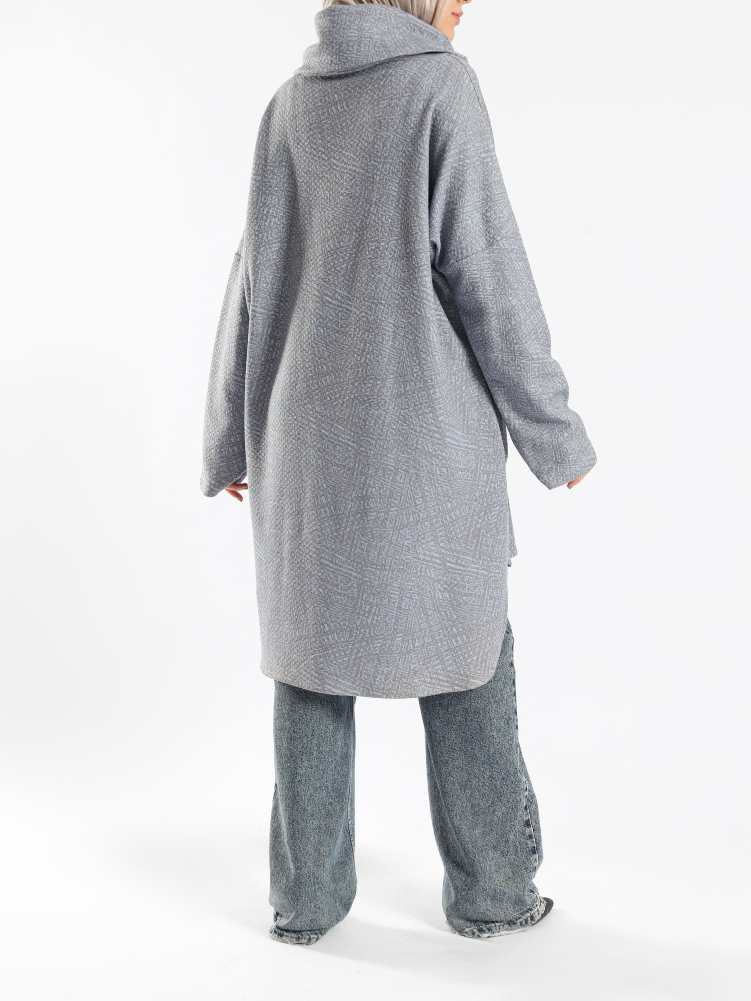 High Low Printed Sweater with asymmetrical hem, in navy pink, grey-black, or grey-blue for modest casual winter wear