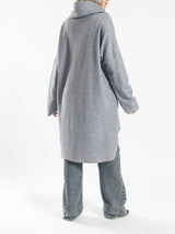 High Low Printed Sweater with asymmetrical hem, in navy pink, grey-black, or grey-blue for modest casual winter wear