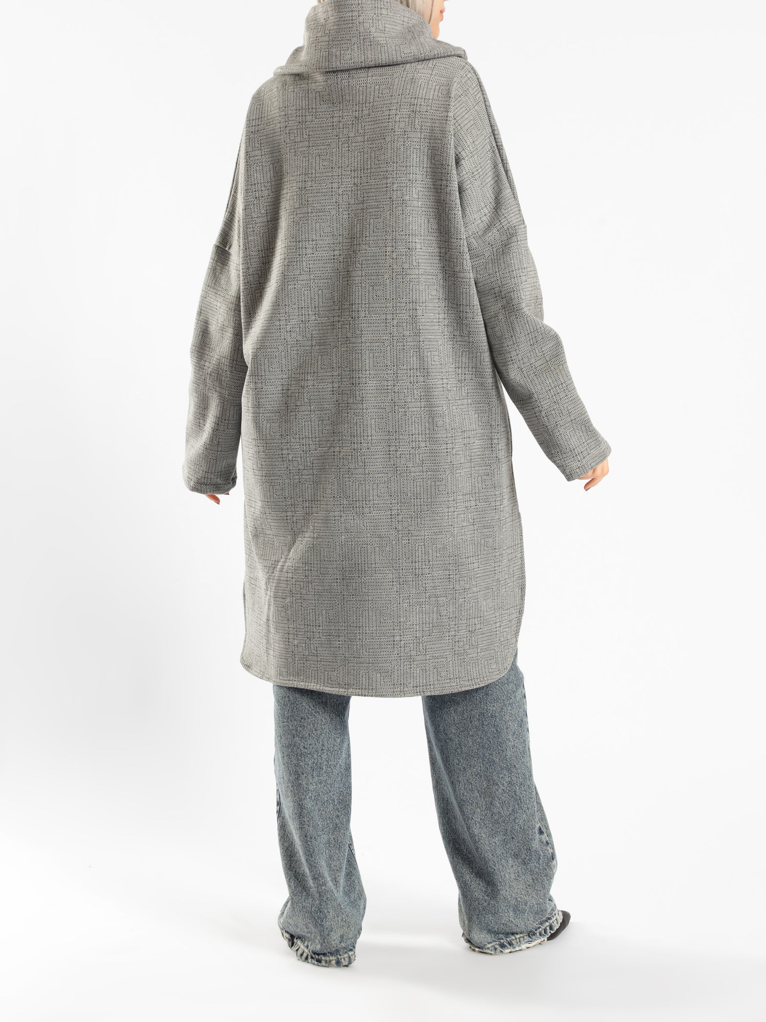 High Low Printed Sweater with asymmetrical hem, in navy pink, grey-black, or grey-blue for modest casual winter wear