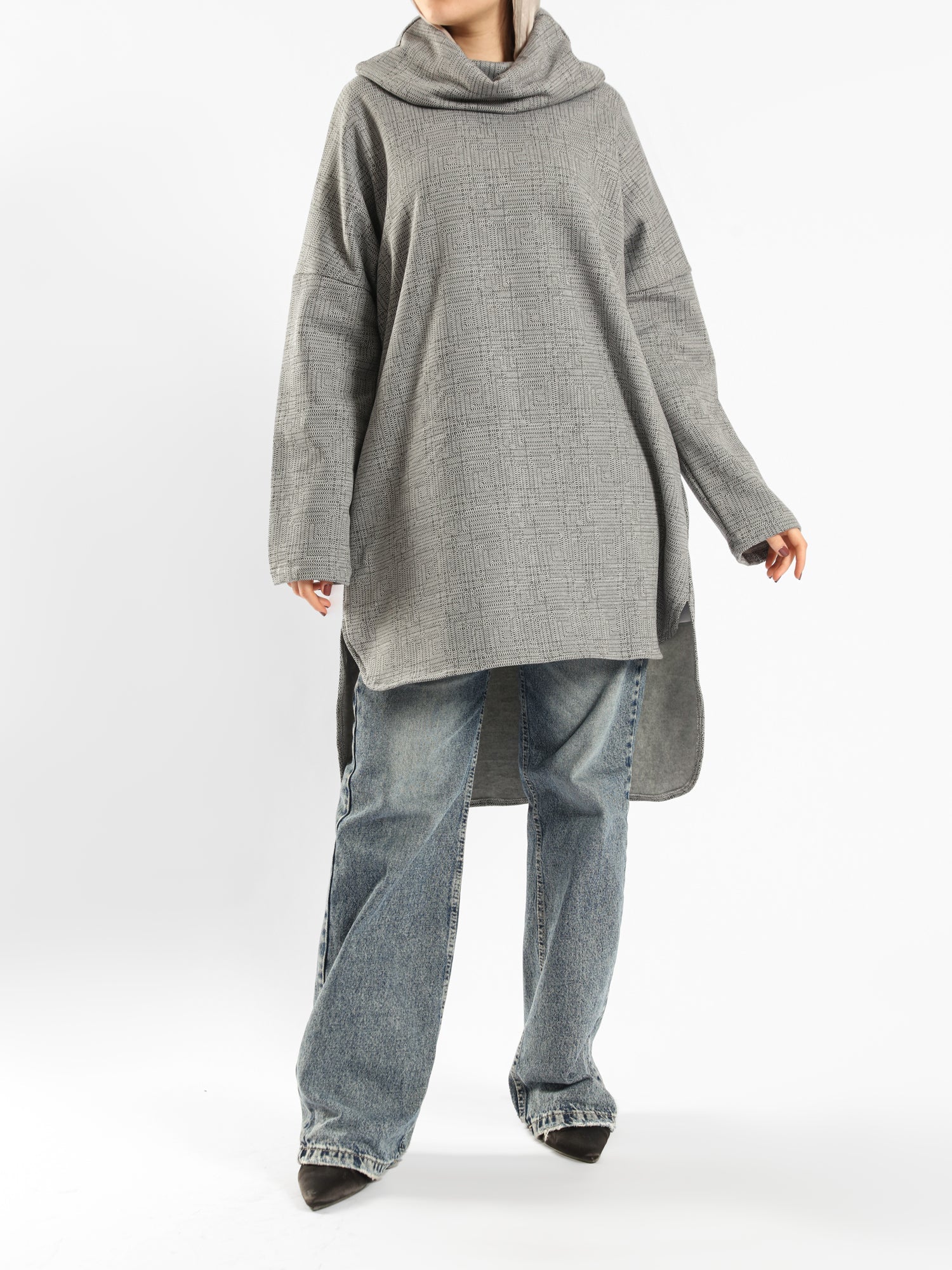 High Low Printed Sweater with asymmetrical hem, in navy pink, grey-black, or grey-blue for modest casual winter wear