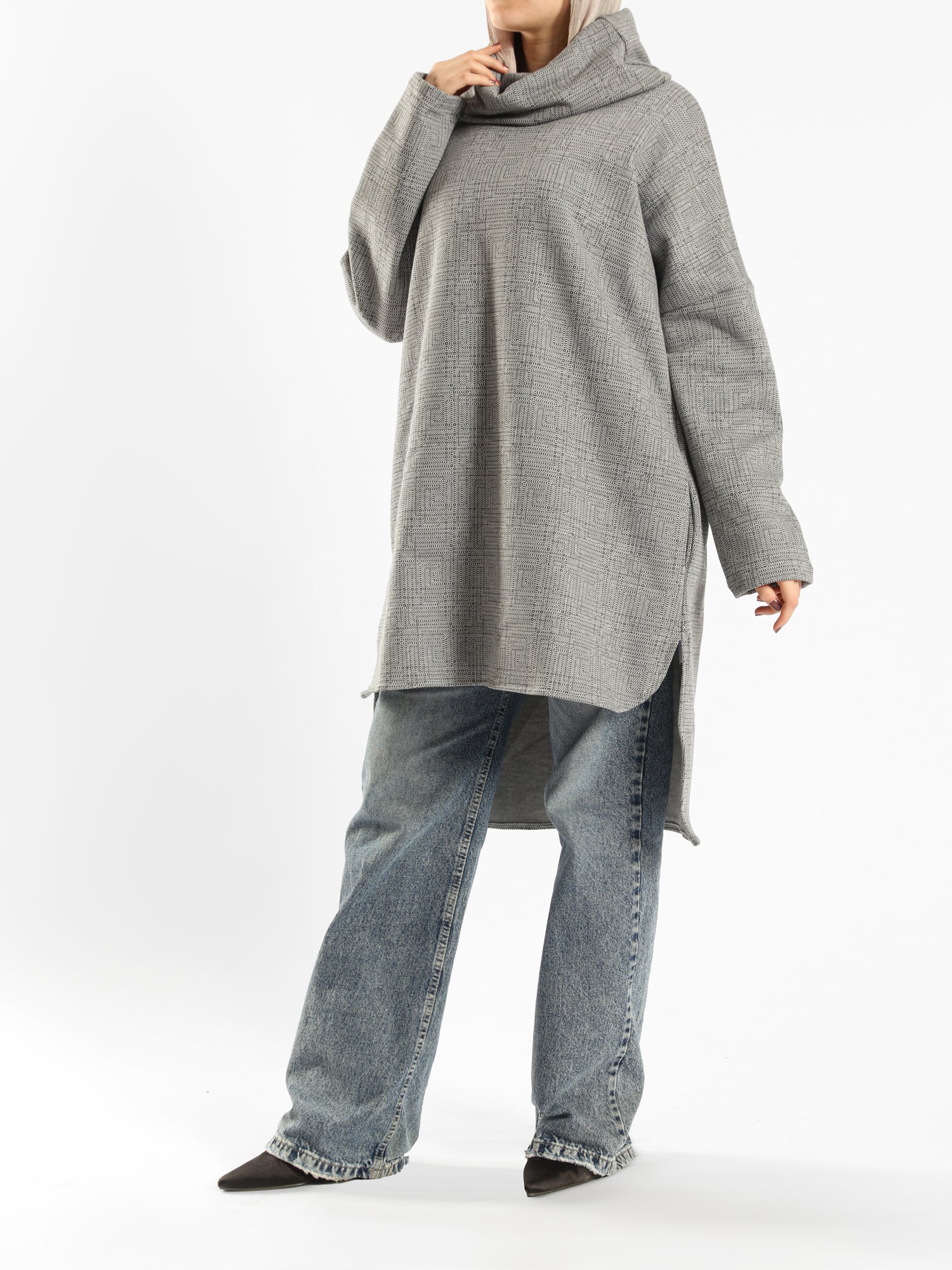 High Low Printed Sweater with asymmetrical hem, in navy pink, grey-black, or grey-blue for modest casual winter wear