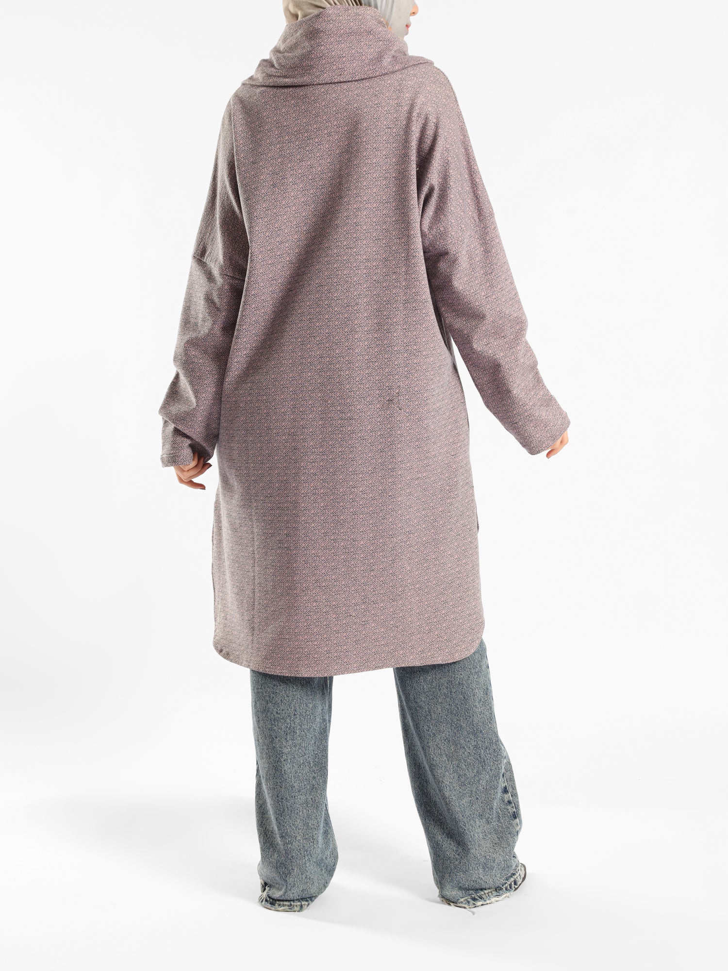 High Low Printed Sweater with asymmetrical hem, in navy pink, grey-black, or grey-blue for modest casual winter wear
