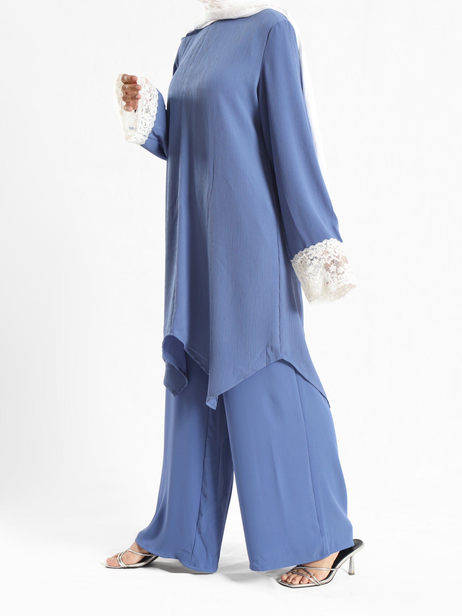 Lace V-Neck Set in ripped crepe blend with wide-leg pants, a modest summer outfit in beige, blue, or pink for Eid or casual wear