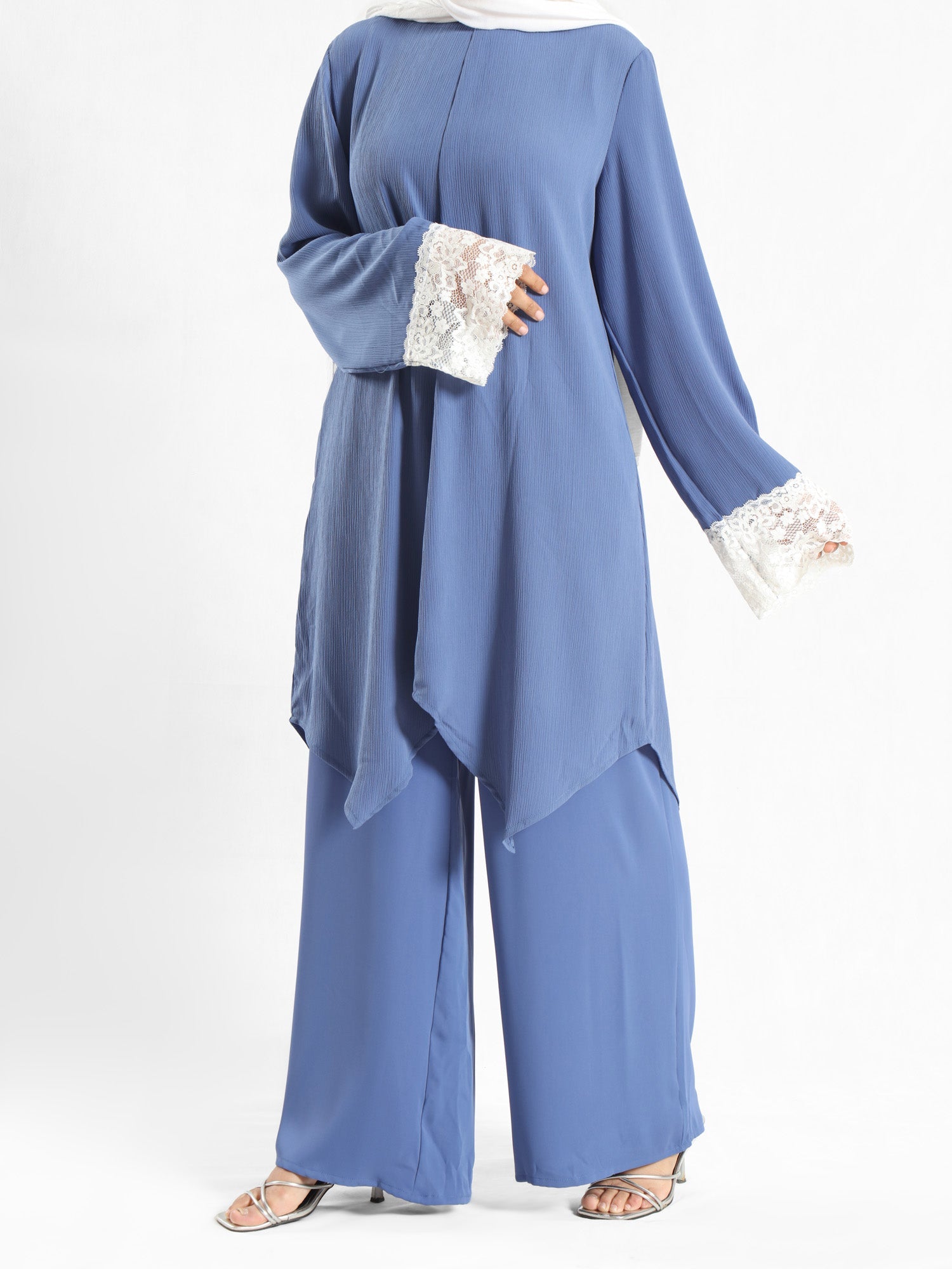 Lace V-Neck Set in ripped crepe blend with wide-leg pants, a modest summer outfit in beige, blue, or pink for Eid or casual wear