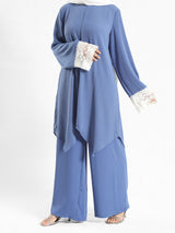 Lace V-Neck Set in ripped crepe blend with wide-leg pants, a modest summer outfit in beige, blue, or pink for Eid or casual wear