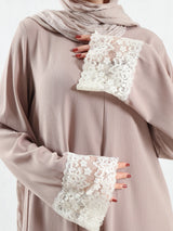 Lace V-Neck Set in ripped crepe blend with wide-leg pants, a modest summer outfit in beige, blue, or pink for Eid or casual wear
