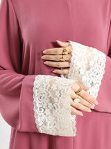 Lace V-Neck Set in ripped crepe blend with wide-leg pants, a modest summer outfit in beige, blue, or pink for Eid or casual wear