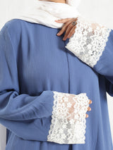 Lace V-Neck Set in ripped crepe blend with wide-leg pants, a modest summer outfit in beige, blue, or pink for Eid or casual wear