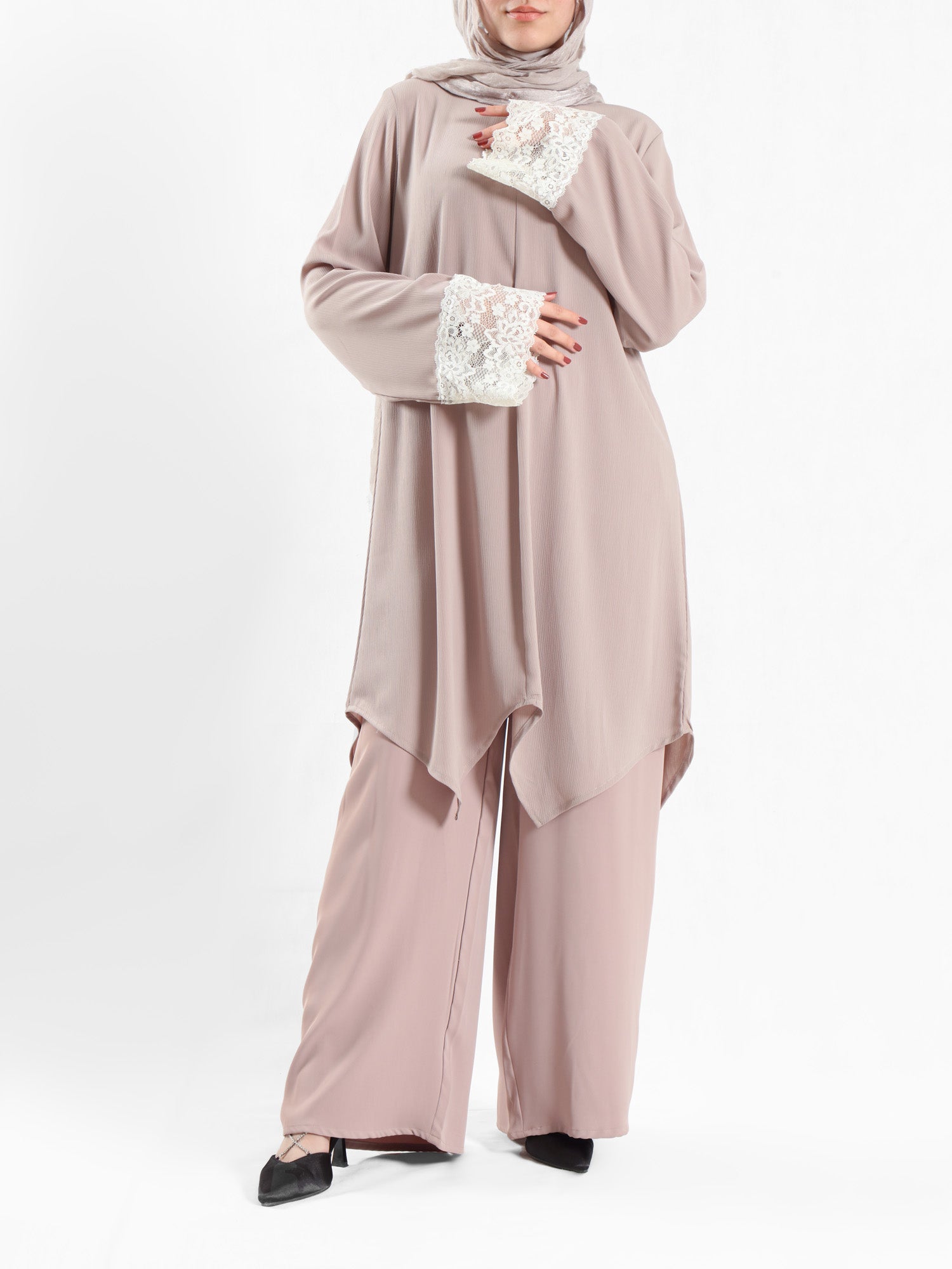 Lace V-Neck Set in ripped crepe blend with wide-leg pants, a modest summer outfit in beige, blue, or pink for Eid or casual wear