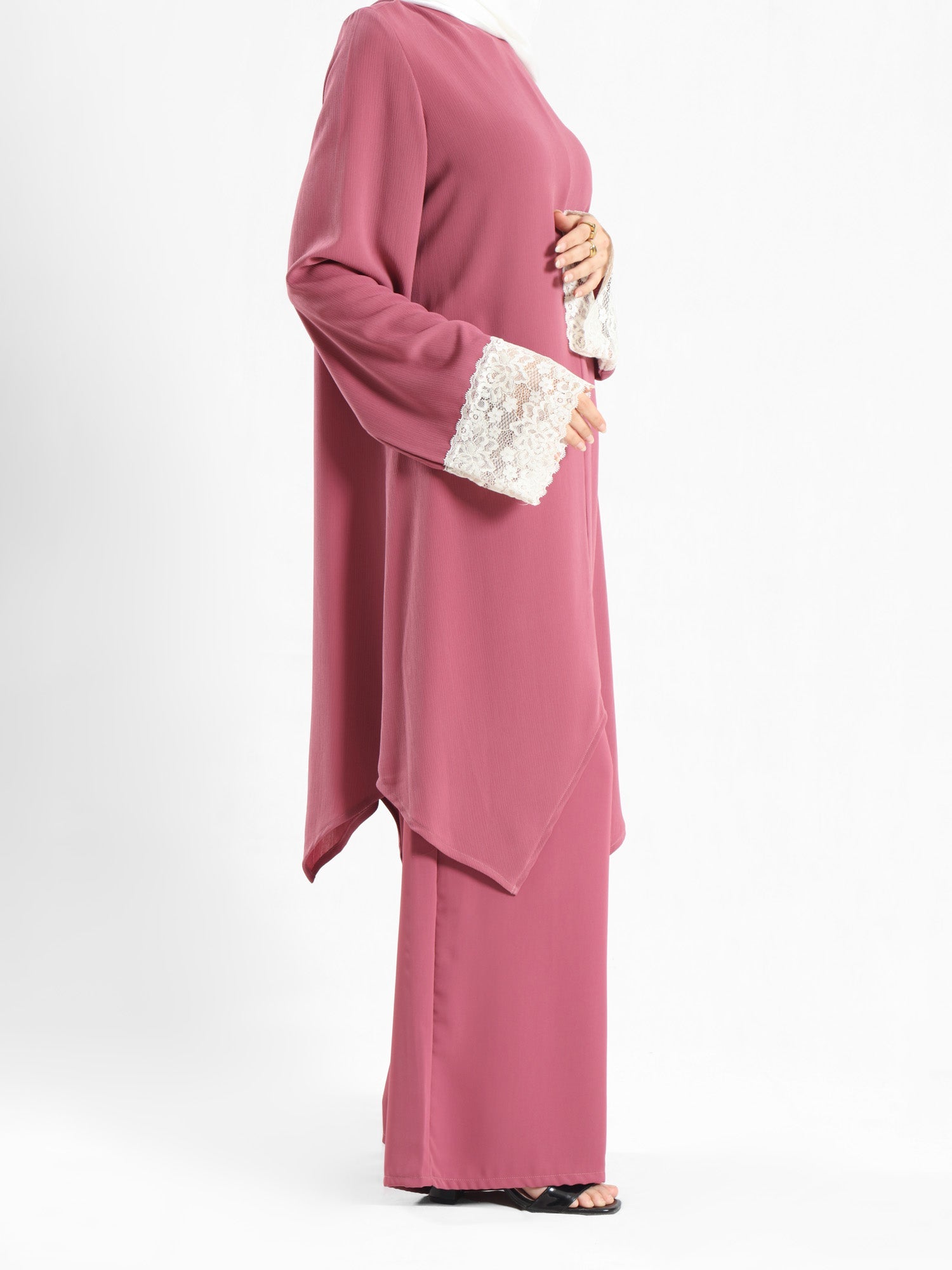 Lace V-Neck Set in ripped crepe blend with wide-leg pants, a modest summer outfit in beige, blue, or pink for Eid or casual wear