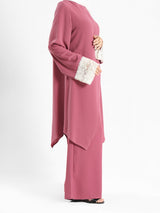 Lace V-Neck Set in ripped crepe blend with wide-leg pants, a modest summer outfit in beige, blue, or pink for Eid or casual wear