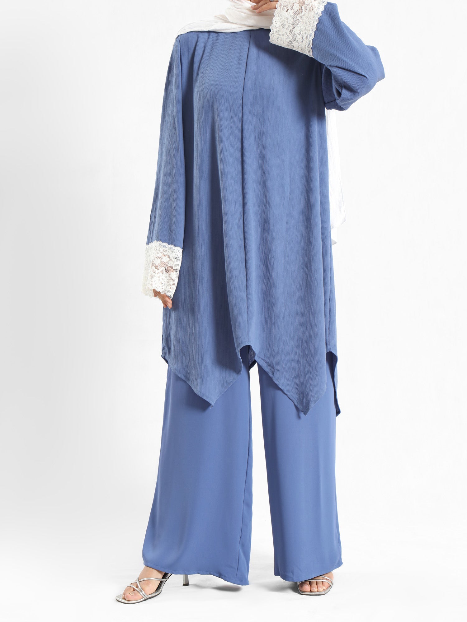 Lace V-Neck Set in ripped crepe blend with wide-leg pants, a modest summer outfit in beige, blue, or pink for Eid or casual wear