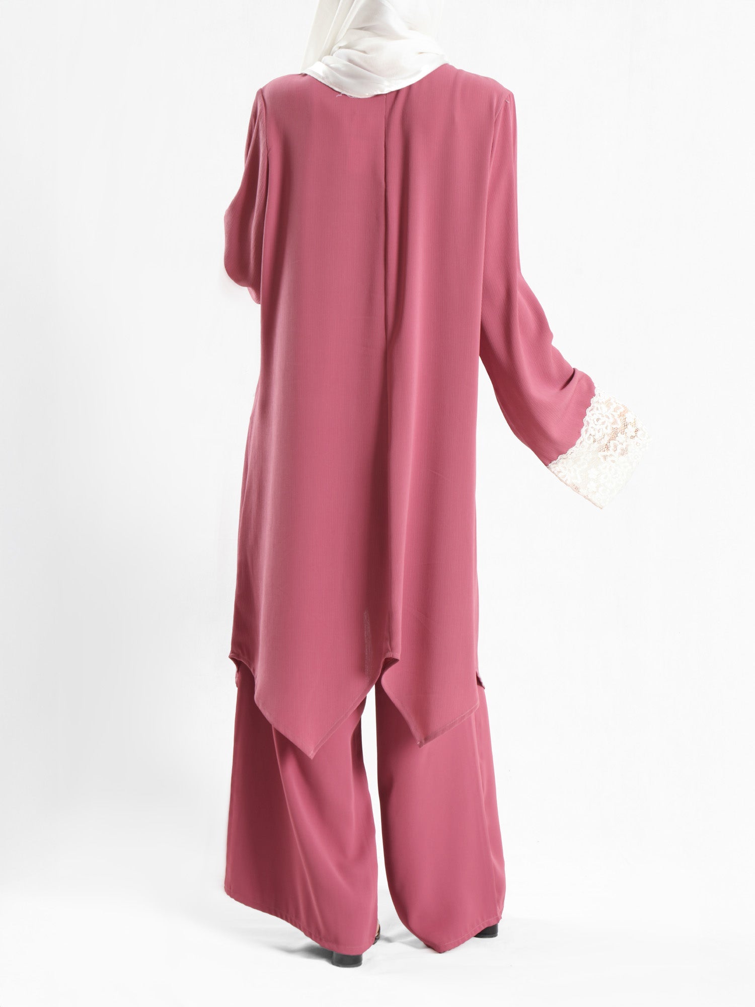 Lace V-Neck Set in ripped crepe blend with wide-leg pants, a modest summer outfit in beige, blue, or pink for Eid or casual wear