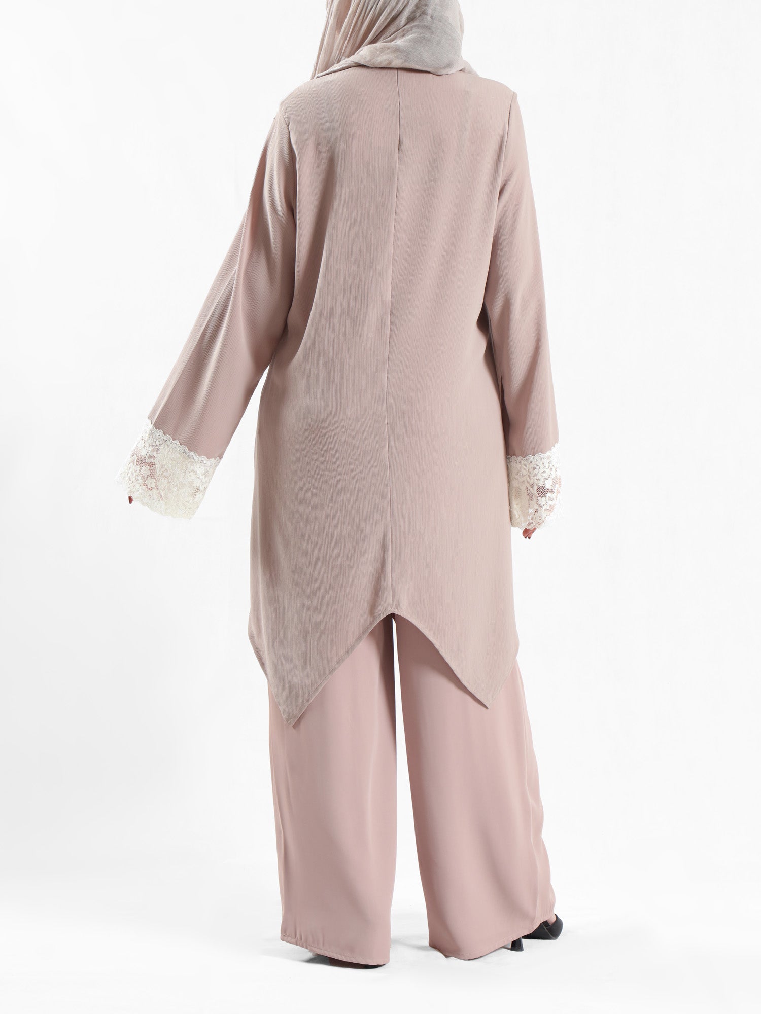 Lace V-Neck Set in ripped crepe blend with wide-leg pants, a modest summer outfit in beige, blue, or pink for Eid or casual wear