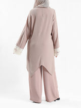 Lace V-Neck Set in ripped crepe blend with wide-leg pants, a modest summer outfit in beige, blue, or pink for Eid or casual wear