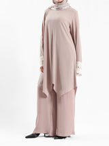 Lace V-Neck Set in ripped crepe blend with wide-leg pants, a modest summer outfit in beige, blue, or pink for Eid or casual wear