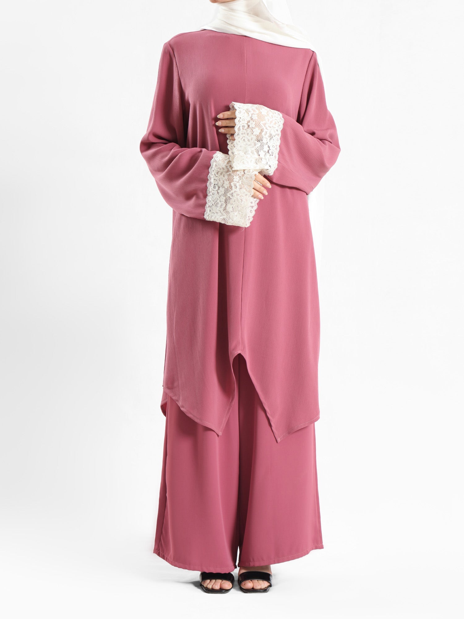 Lace V-Neck Set in ripped crepe blend with wide-leg pants, a modest summer outfit in beige, blue, or pink for Eid or casual wear
