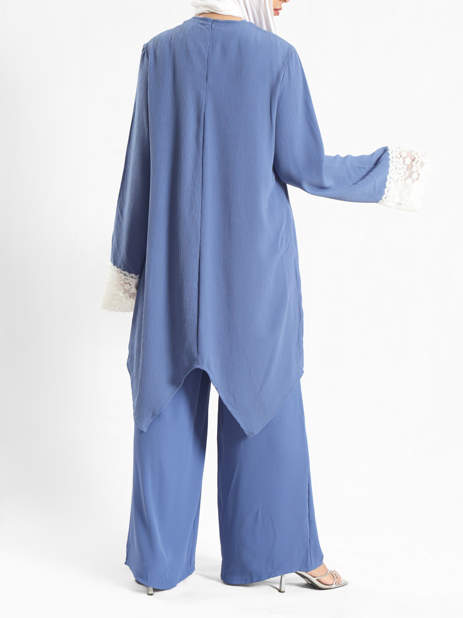 Lace V-Neck Set in ripped crepe blend with wide-leg pants, a modest summer outfit in beige, blue, or pink for Eid or casual wear