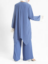 Lace V-Neck Set in ripped crepe blend with wide-leg pants, a modest summer outfit in beige, blue, or pink for Eid or casual wear