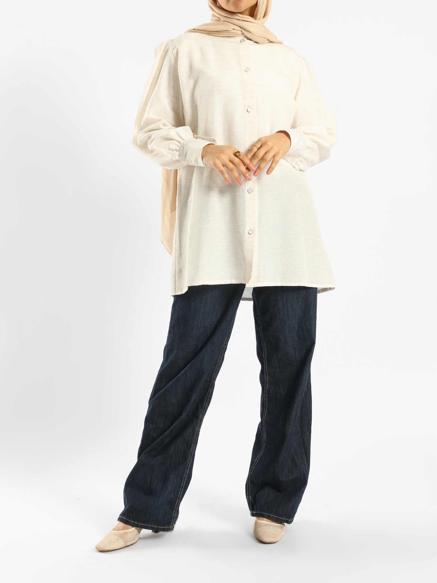 Linen Blouse in breathable beige linen with long sleeves, a modest summer essential