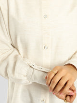 Linen Blouse in breathable beige linen with long sleeves, a modest summer essential