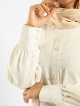 Linen Blouse in breathable beige linen with long sleeves, a modest summer essential