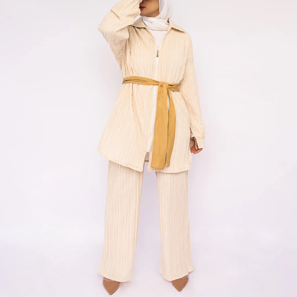 Linen Luxe Set in cotton-linen blend featuring belted kaftan with soft drape—crafted for breathable elegance across seasons