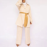 Linen Luxe Set in cotton-linen blend featuring belted kaftan with soft drape—crafted for breathable elegance across seasons