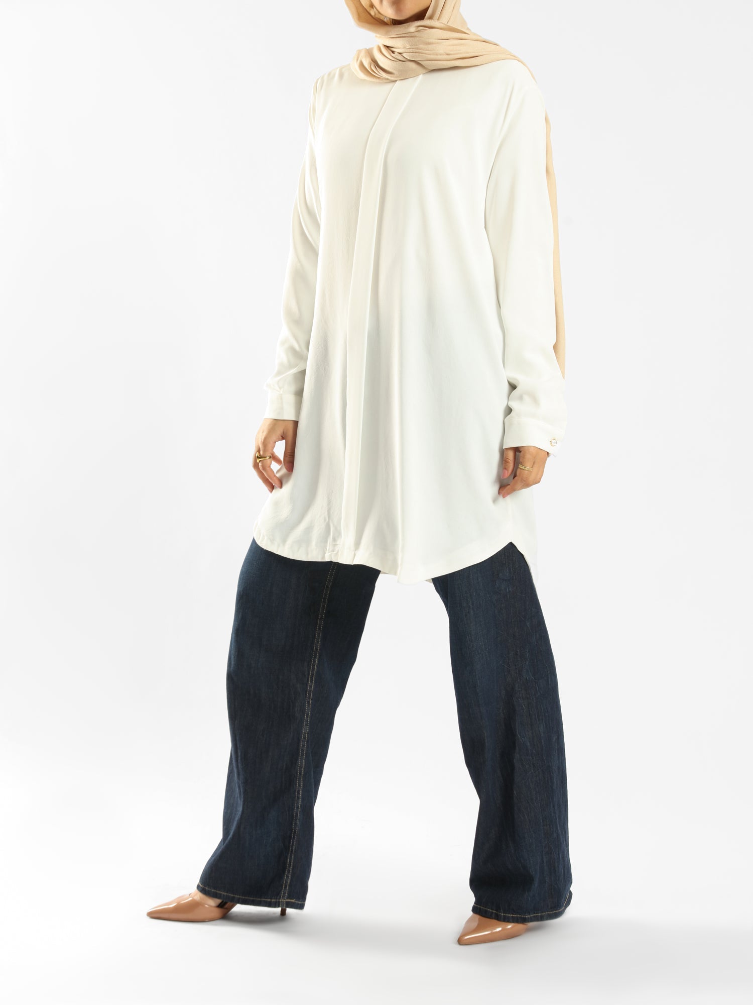 Long Flowy Basic Top in premium SBH fabric, available in orange, black, fuchsia, white, and olive—lightweight and elegant for modest summer styling