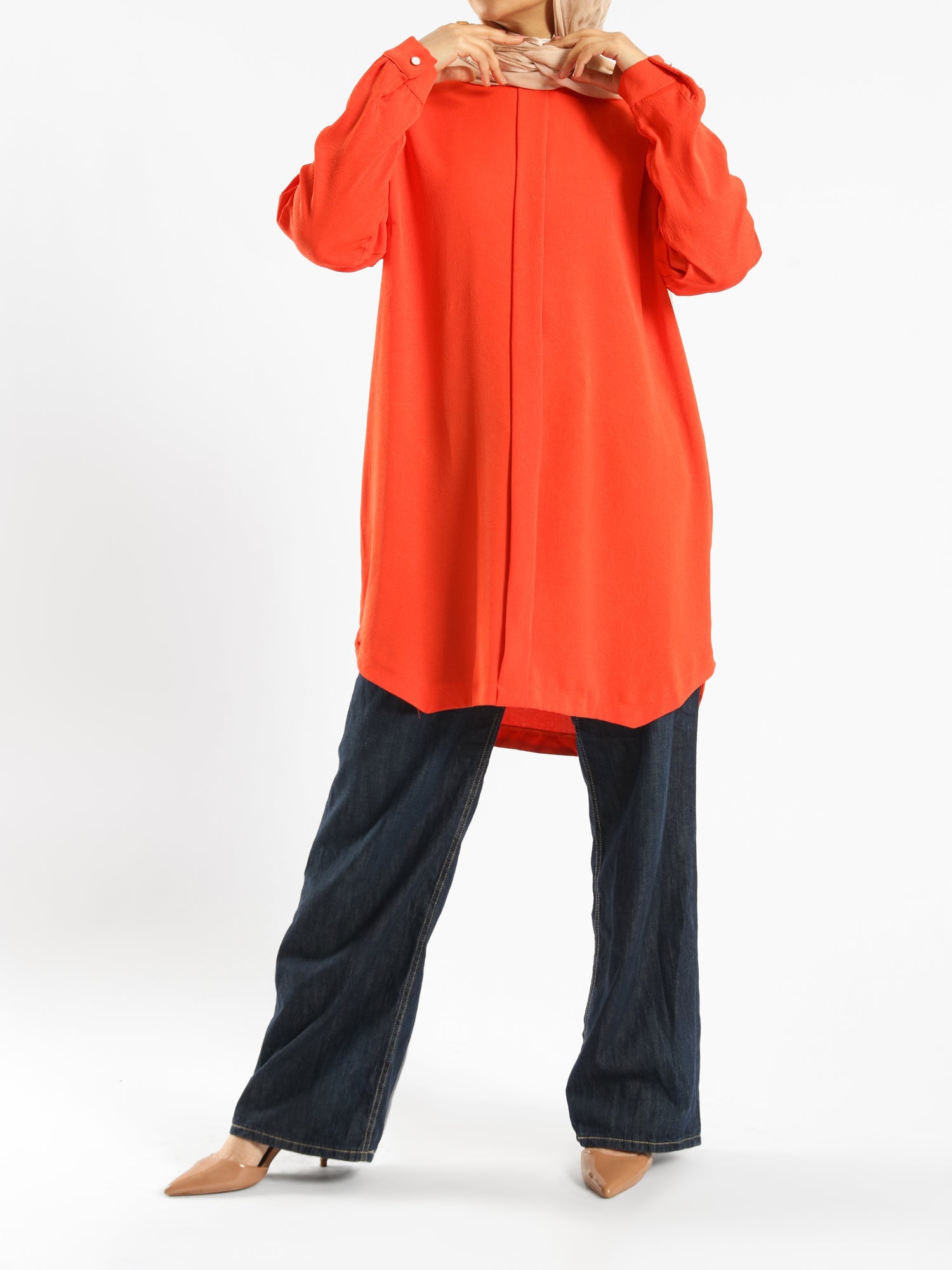 Long Flowy Basic Top in premium SBH fabric, available in orange, black, fuchsia, white, and olive—lightweight and elegant for modest summer styling