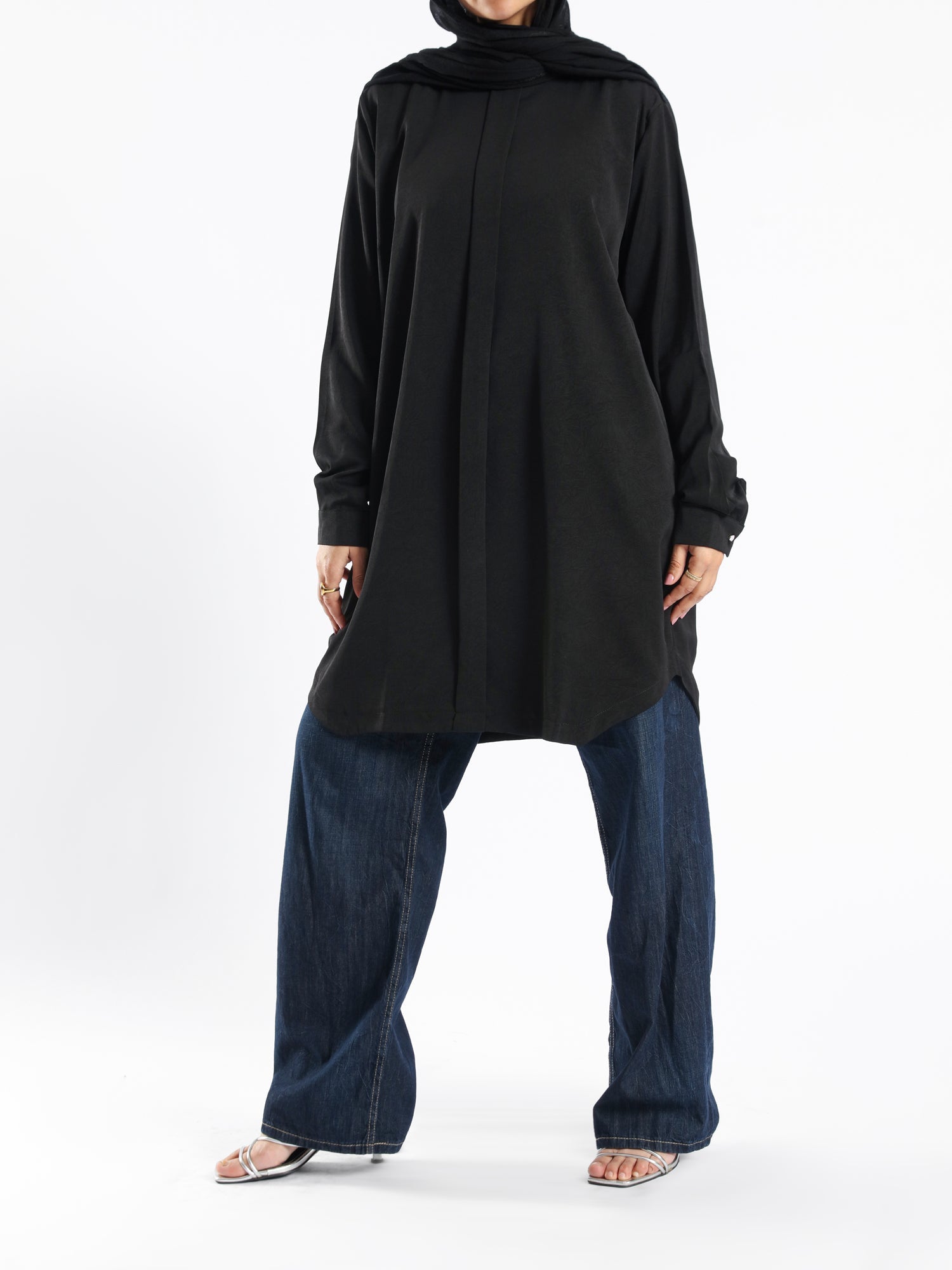 Long Flowy Basic Top in premium SBH fabric, available in orange, black, fuchsia, white, and olive—lightweight and elegant for modest summer styling