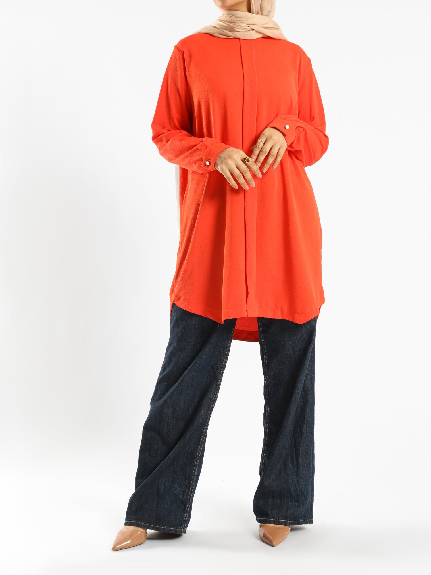Long Flowy Basic Top in premium SBH fabric, available in orange, black, fuchsia, white, and olive—lightweight and elegant for modest summer styling