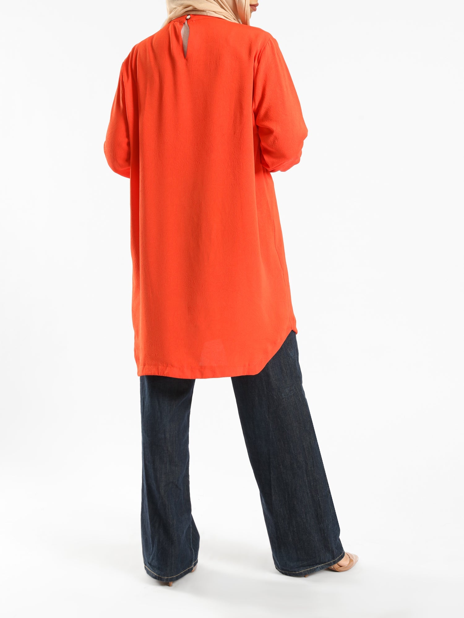 Long Flowy Basic Top in premium SBH fabric, available in orange, black, fuchsia, white, and olive—lightweight and elegant for modest summer styling