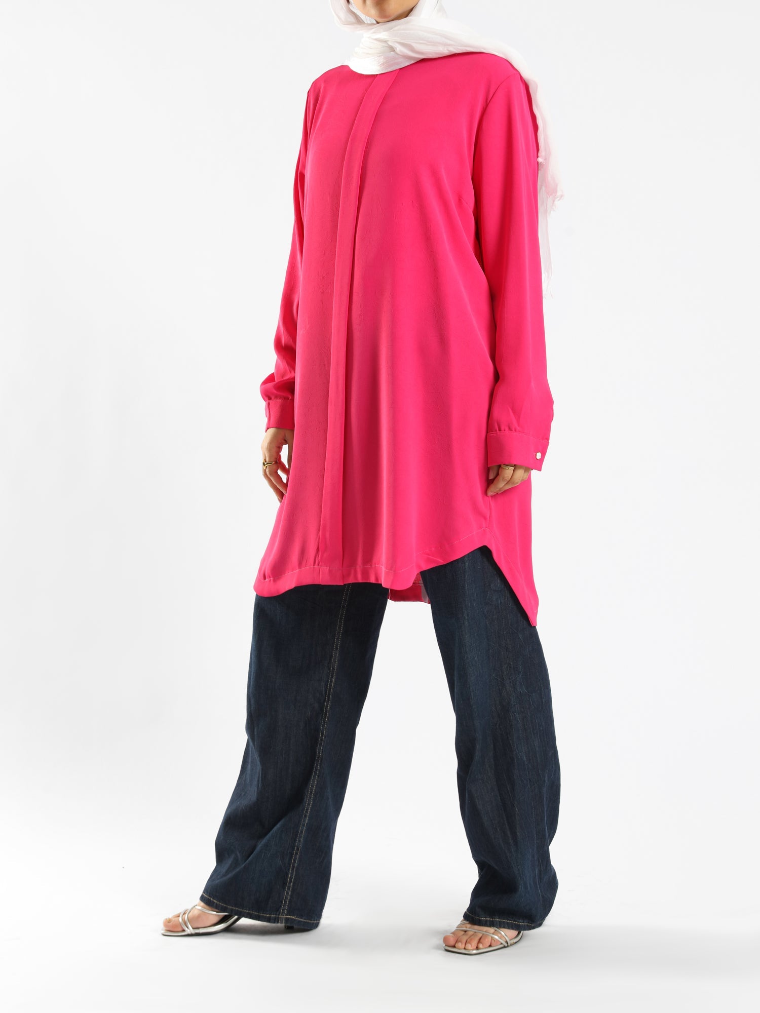 Long Flowy Basic Top in premium SBH fabric, available in orange, black, fuchsia, white, and olive—lightweight and elegant for modest summer styling