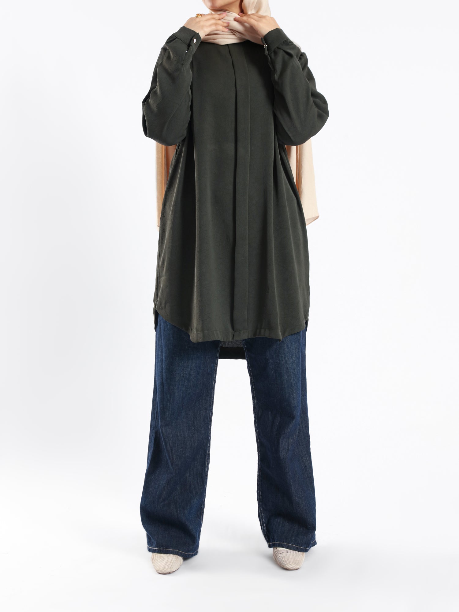 Long Flowy Basic Top in premium SBH fabric, available in orange, black, fuchsia, white, and olive—lightweight and elegant for modest summer styling