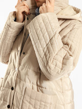 Long waterproof puffer coat with quilted texture and full coverage, ideal for modest winter wear in navy, beige, or grey