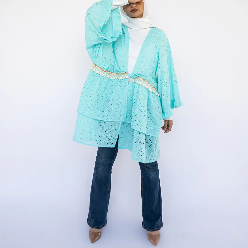 Mini Flair Kaftan Dress in premium Flory cotton, a free-size silhouette available in baby blue, blue, olive, or purple—versatile and comfortable for Ramadan and everyday wear