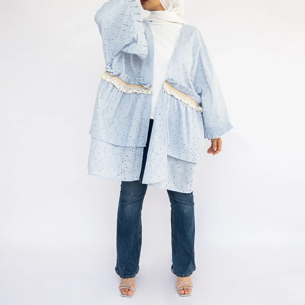 Mini Flair Kaftan Dress in premium Flory cotton, a free-size silhouette available in baby blue, blue, olive, or purple—versatile and comfortable for Ramadan and everyday wear