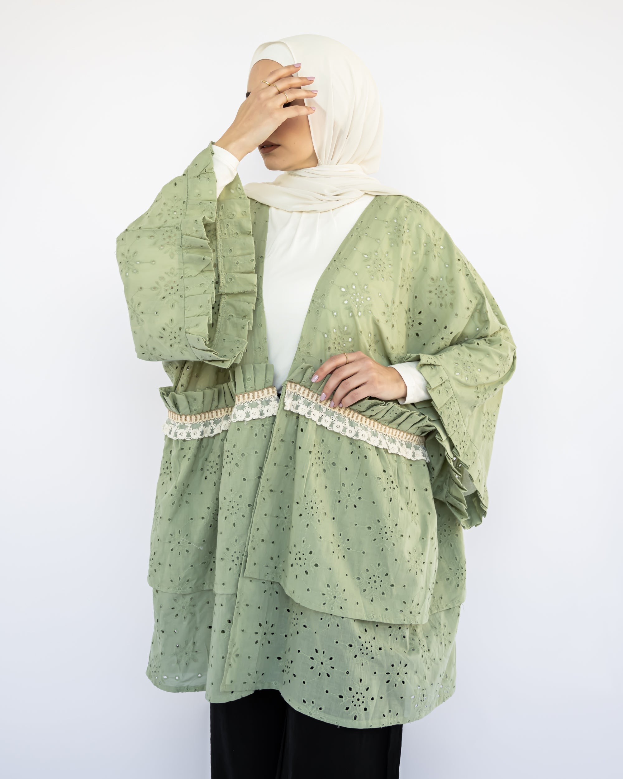 Mini Flair Kaftan Dress in premium Flory cotton, a free-size silhouette available in baby blue, blue, olive, or purple—versatile and comfortable for Ramadan and everyday wear